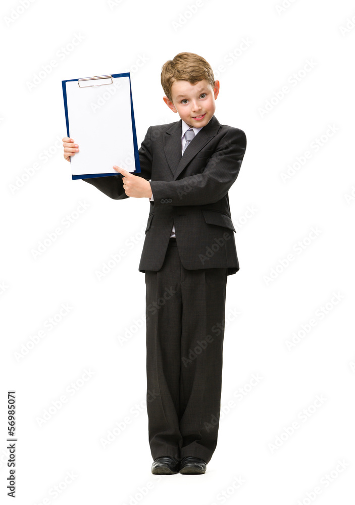 Full-length portrait of little manager showing folder Full-length portrait of little manager showing folder