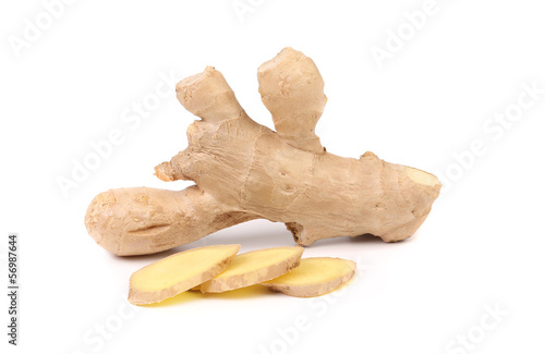Closeup of fresh ginger and slices.