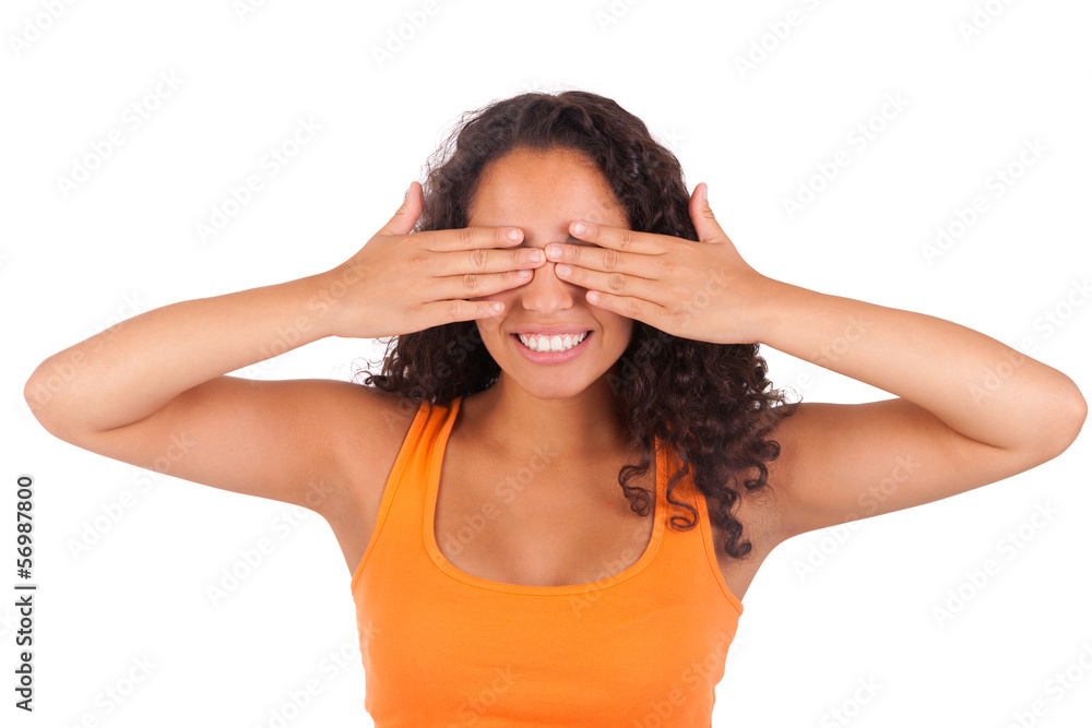 Young african american woman with her hands over her eye Young african american woman with her hands over her eye