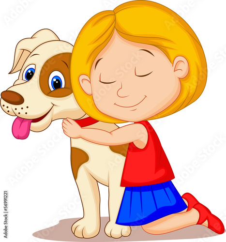 Lovely little girl hugging pet dog with passion