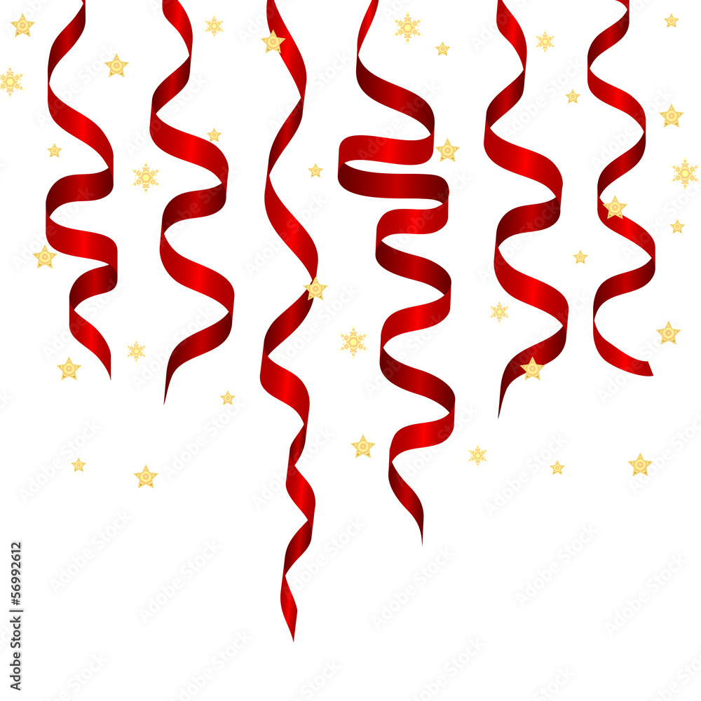 Christmas decorations.red streamers and gold snowflakes on a whi Stock  Vector