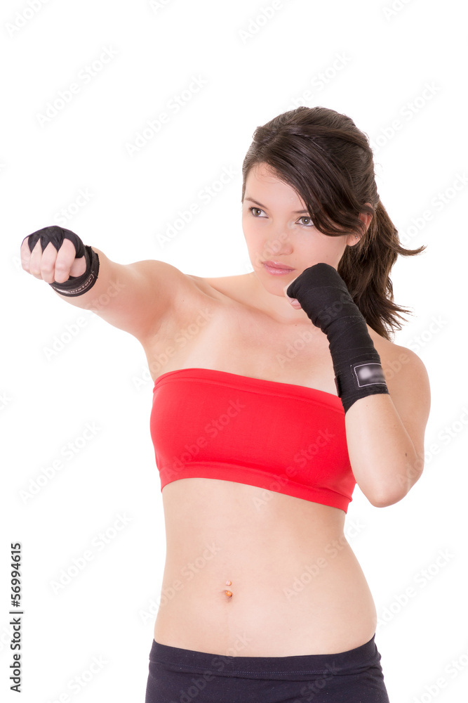female MMA fighter training white background female MMA fighter training white background