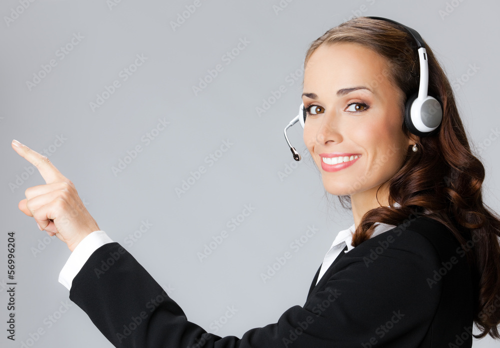 Support phone operator pointing, over grey Support phone operator pointing, over grey