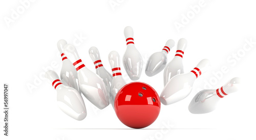 Fotografia skittles with red bowling ball