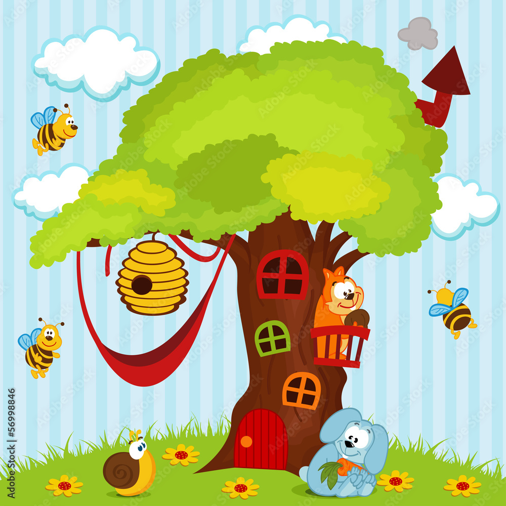 tree house with animals - vector illustration - obrazy, fototapety, plakaty 