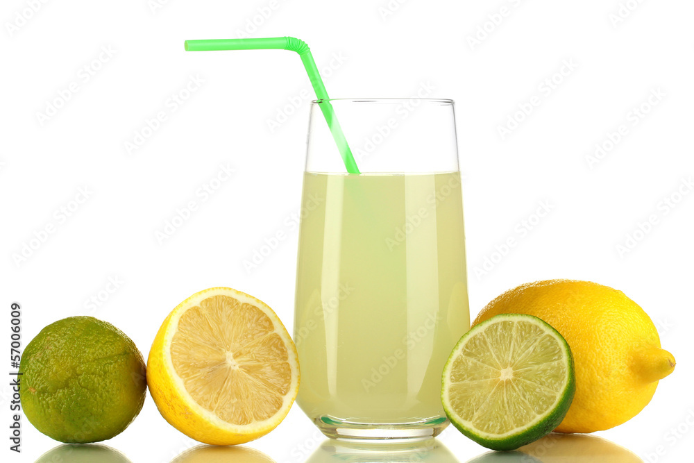 Delicious lemon juice in glass and limes and lemons next to it Delicious lemon juice in glass and limes and lemons next to it