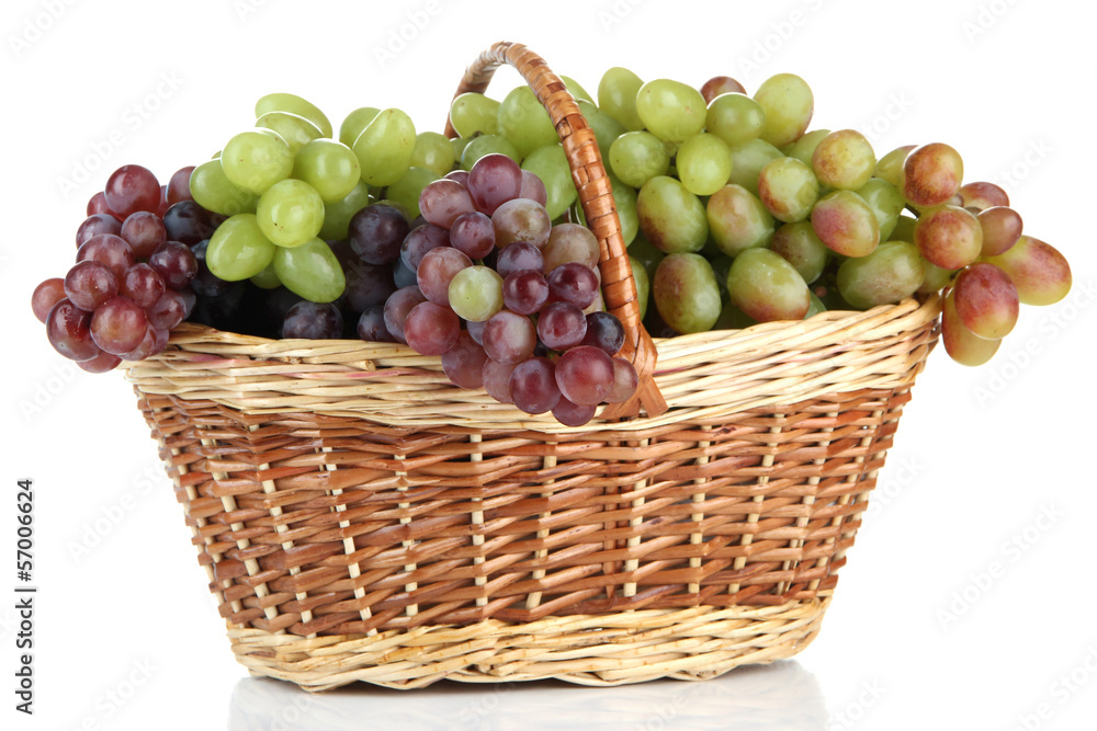 Fresh grape in wicker basket, isolated on white Fresh grape in wicker basket, isolated on white