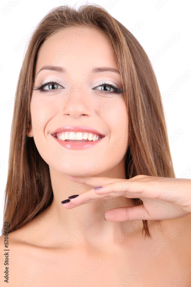 Beautiful girl with gentle makeup and glowing skin close-up Beautiful girl with gentle makeup and glowing skin close-up