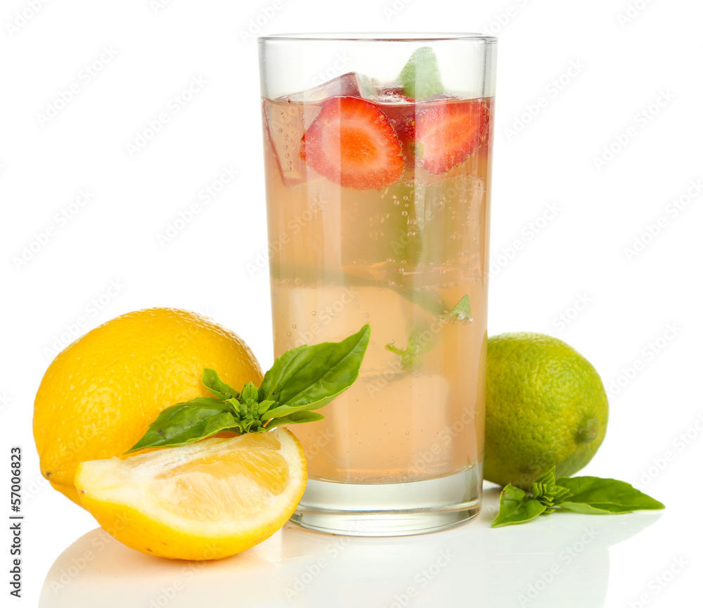 Basil lemonade with strawberry in glass, isolated on white Basil lemonade with strawberry in glass, isolated on white