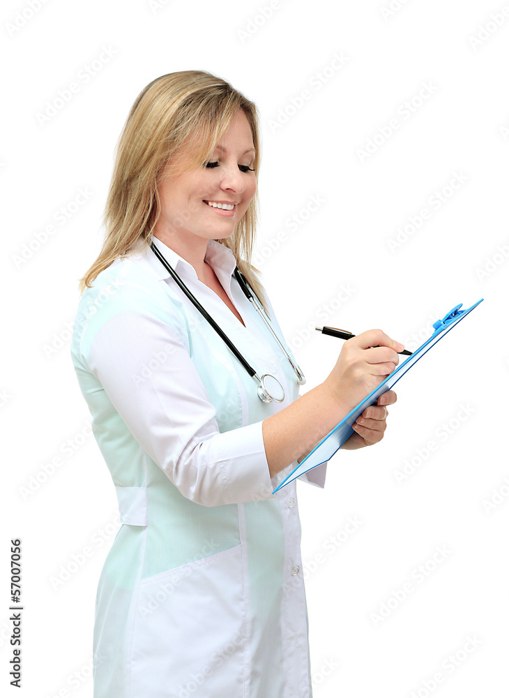 Woman doctor writing medical history, isolated on white Woman doctor writing medical history, isolated on white