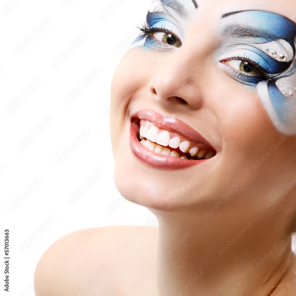 young woman with beautiful water makeup smiling over white young woman with beautiful water makeup smiling over white