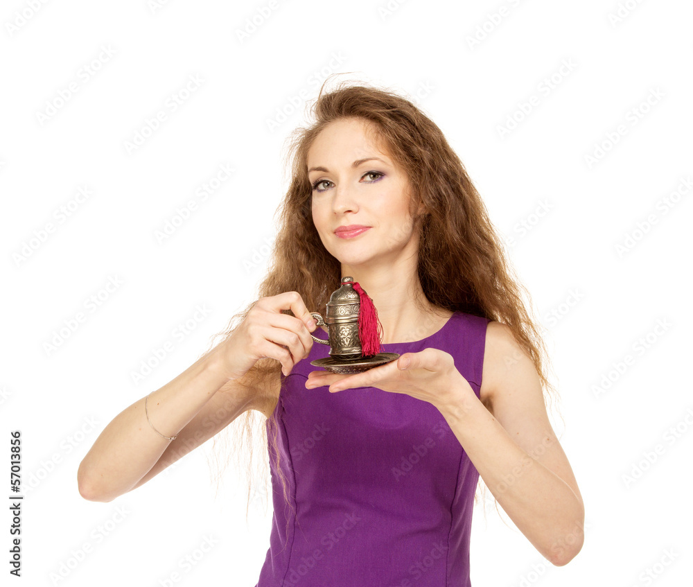Young happy woman holding a coffee cup isolated Young happy woman holding a coffee cup isolated
