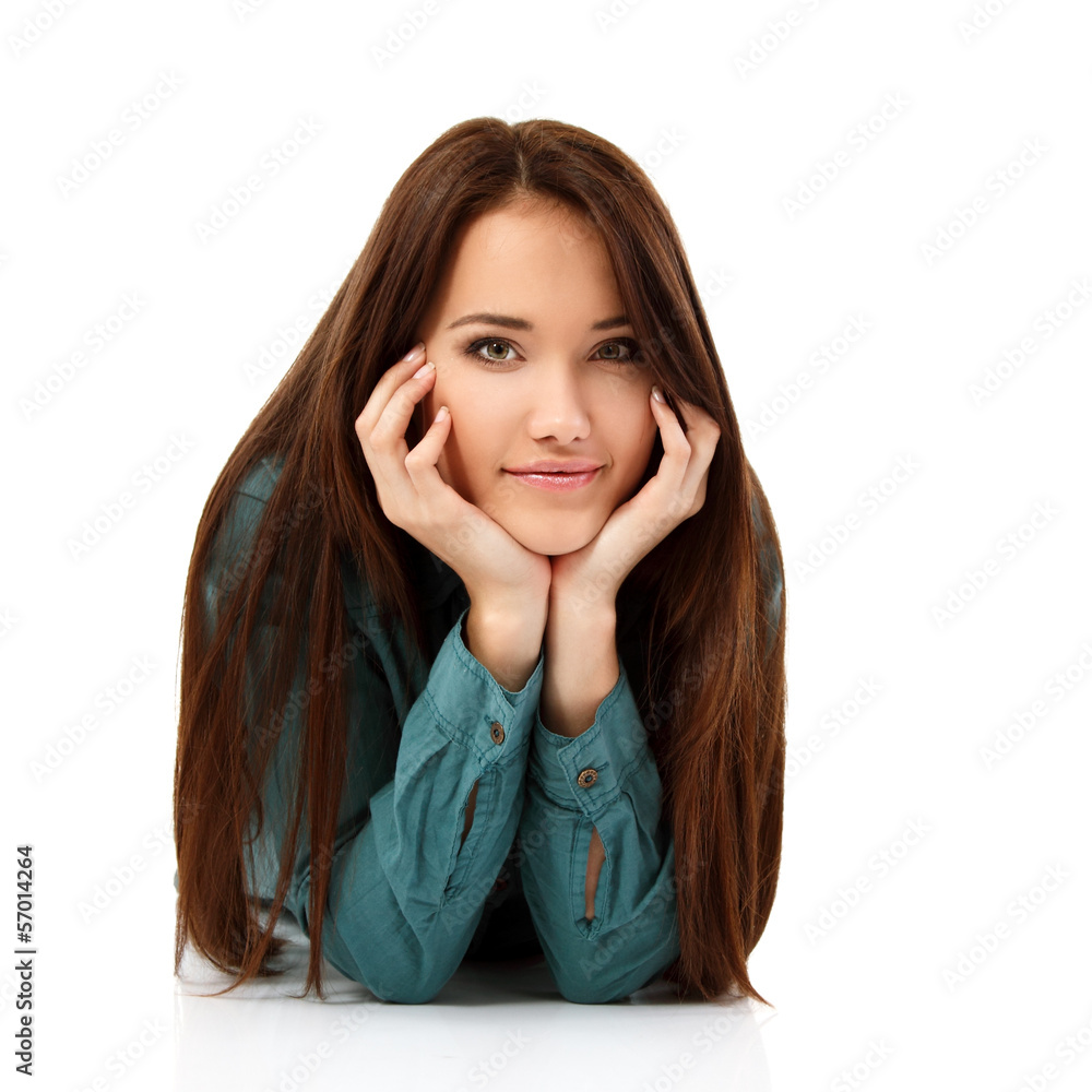 young woman beautiful cheerful lying and looking at camera isola young woman beautiful cheerful lying and looking at camera isola