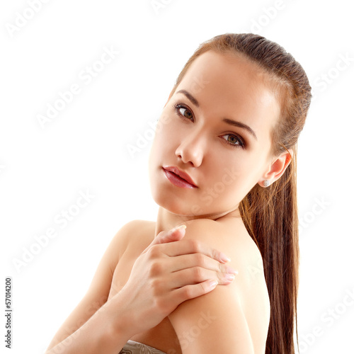 young woman beautiful cheerful looking at camera isolated on whi