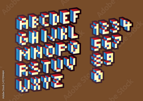 3D pixel alphabet letters and numbers - illustration