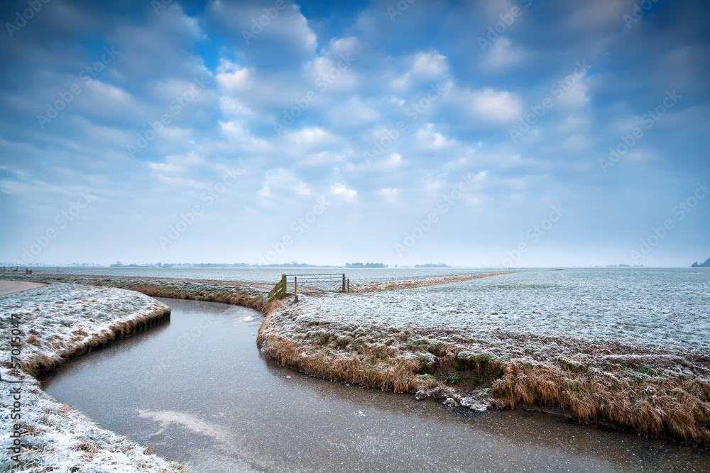 frozen canal on Dutch winter farmland