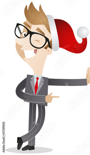 Businessman, santa hat, leaning, wall, pointing