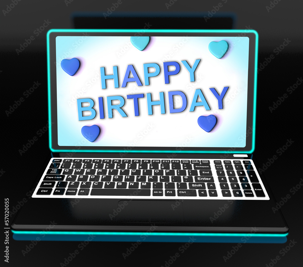 Happy Birthday Greeting On Computer Shows Internet Celebration Happy Birthday Greeting On Computer Shows Internet Celebration