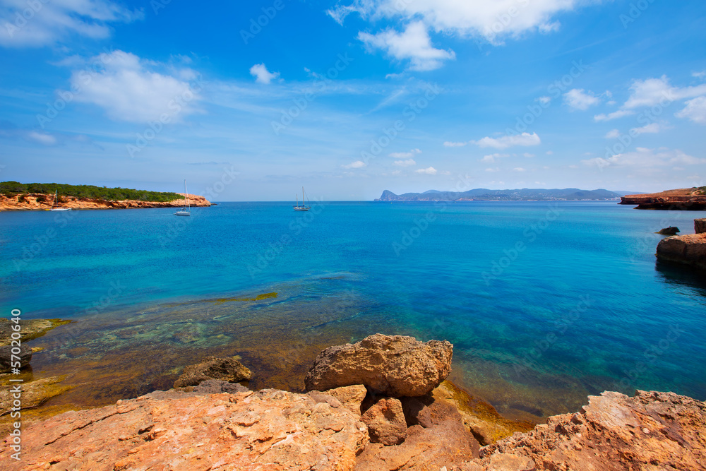 Ibiza Cala Bassa beach with turquoise Mediterranean