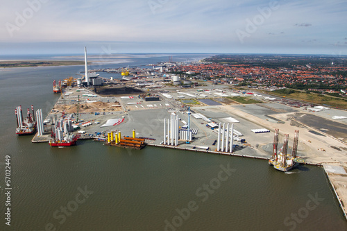 Aerial view of the harbor with wind turbines photo