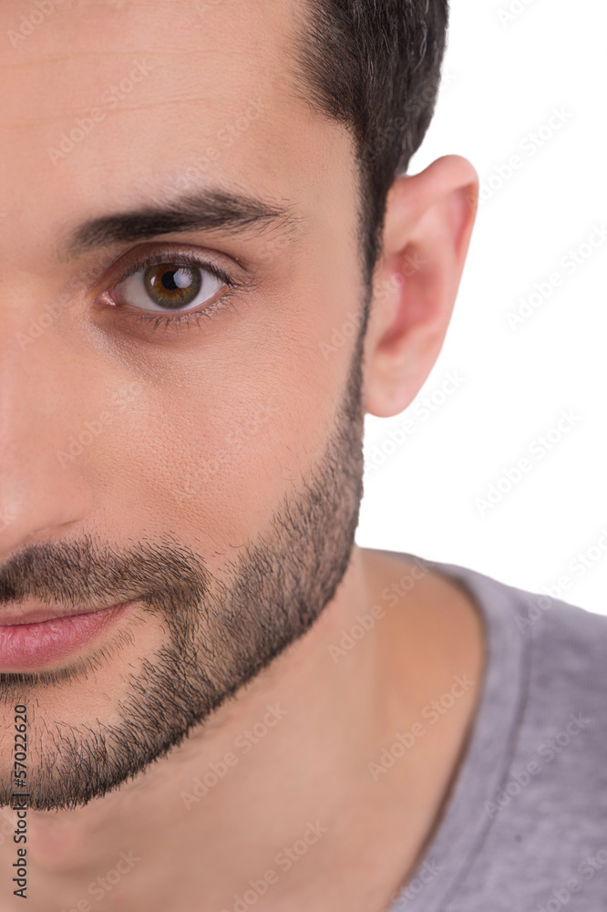 Close up of of half face. Man is looking forward