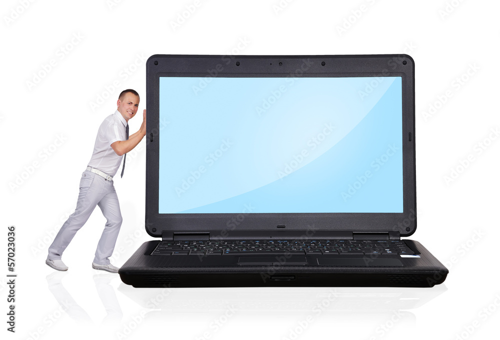 man pushing laptop man pushing laptop