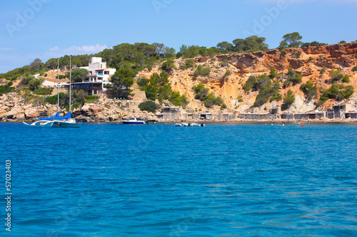 Fototapeta Naklejka Na Ścianę i Meble -  Ibiza Cala dHort d Hort view from boat in Balearic