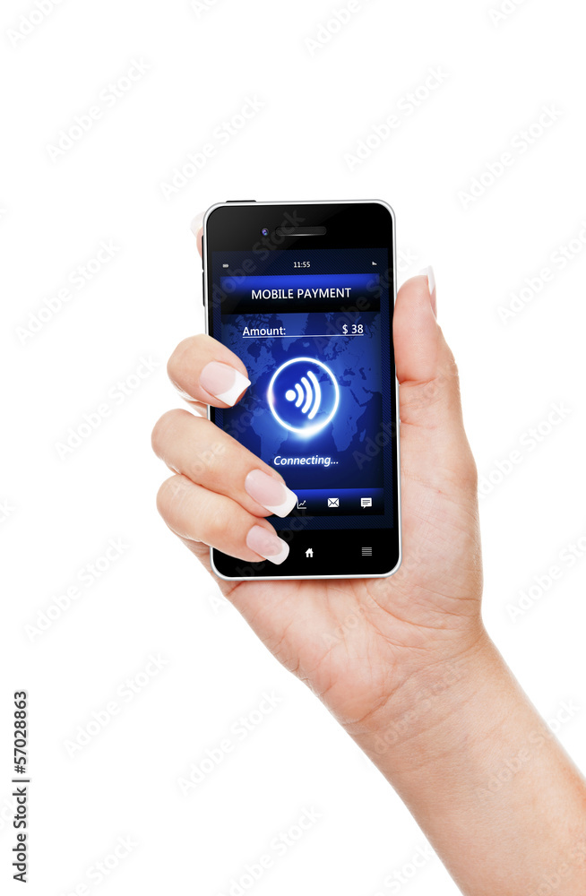 hand holding phone with mobile payment connection hand holding phone with mobile payment connection