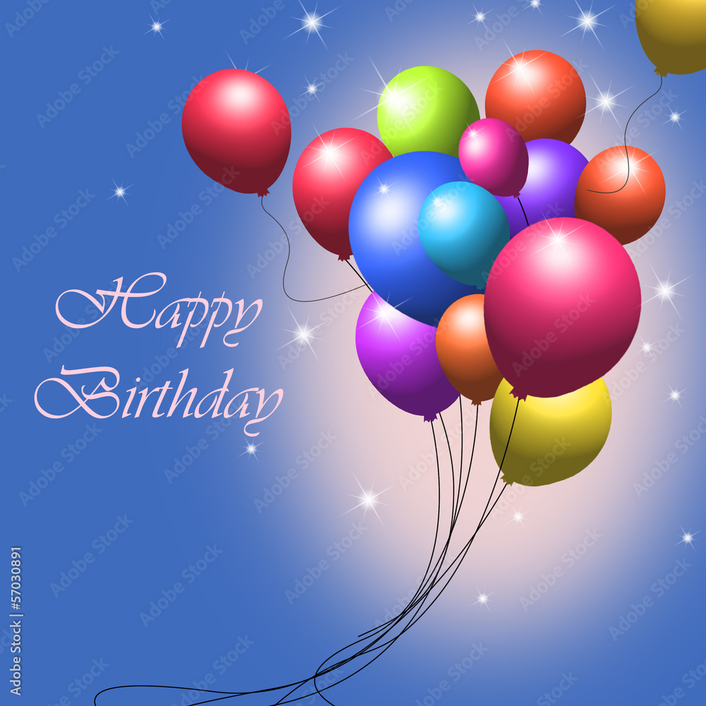 Fliegende Luftballons, Geburtstagskarte, blauer Hintergrund Stock  Illustration | Adobe Stock