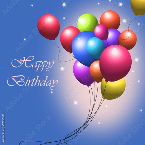 Fliegende Luftballons  Geburtstagskarte  blauer Hintergrund