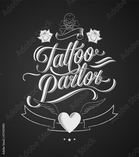 Tattoo Parlor. Vintage typographic design elements on blackboard