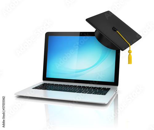 graduation cap on laptop - e-learning 3d concept