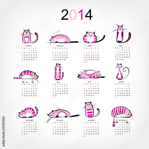 Calendar 2014 with 12 funny pink cats