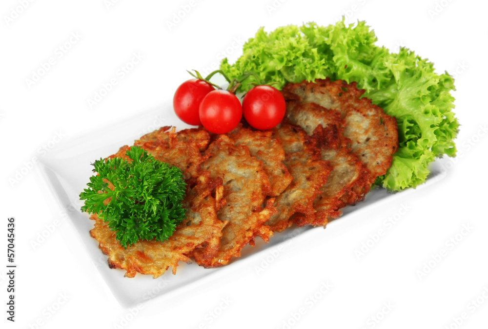 Potato pancakes on plate, isolated on white Potato pancakes on plate, isolated on white