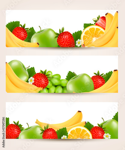 Three banners with delicious ripe fruit. Vector.