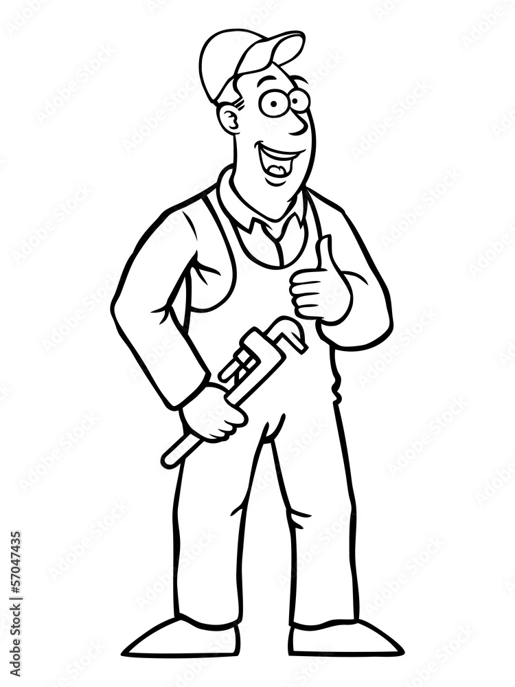 Black and white plumber holding a wrench and his thumbs up