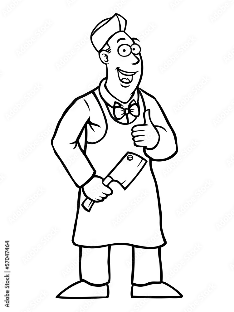 Obraz premium Black and white butcher holding a cleaver and his thumbs up