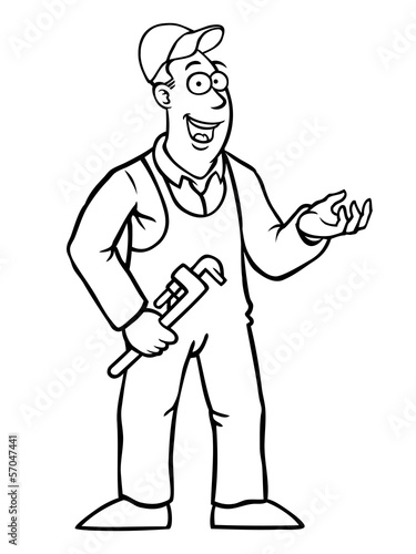Black and white plumber with a wrench showing something