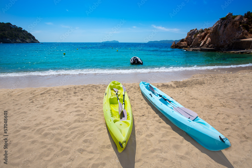Ibiza cala Sant Vicent beach with Kayaks san Juan Ibiza cala Sant Vicent beach with Kayaks san Juan