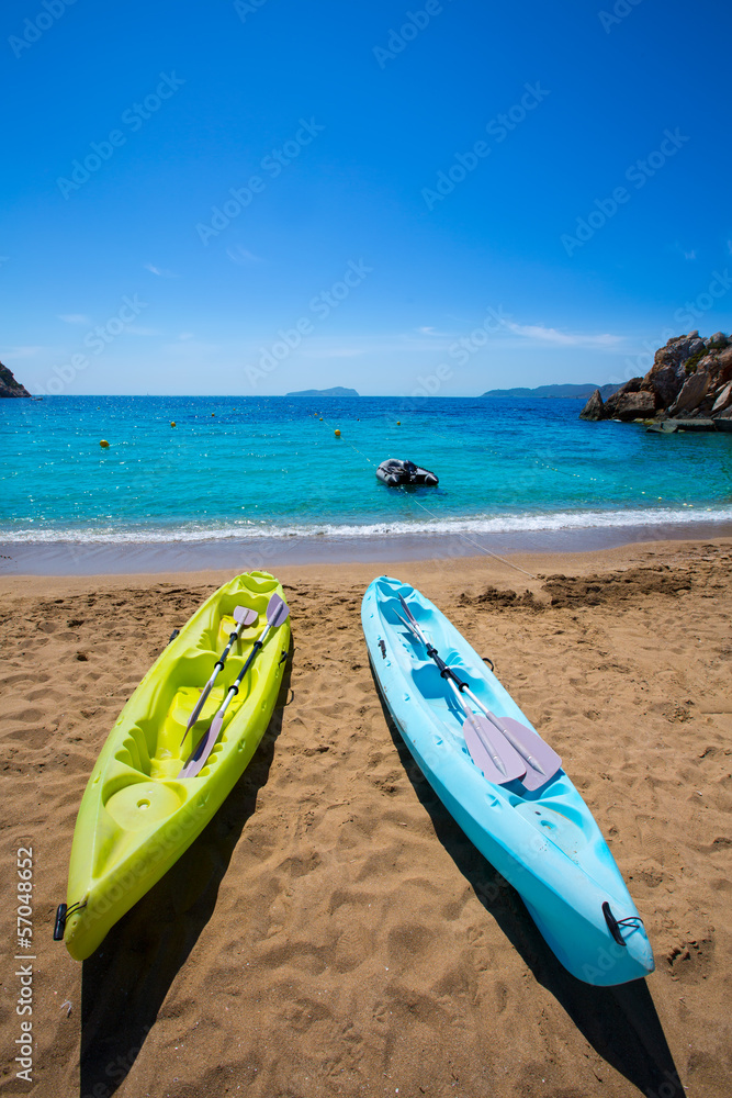 Ibiza cala Sant Vicent beach with Kayaks san Juan Ibiza cala Sant Vicent beach with Kayaks san Juan