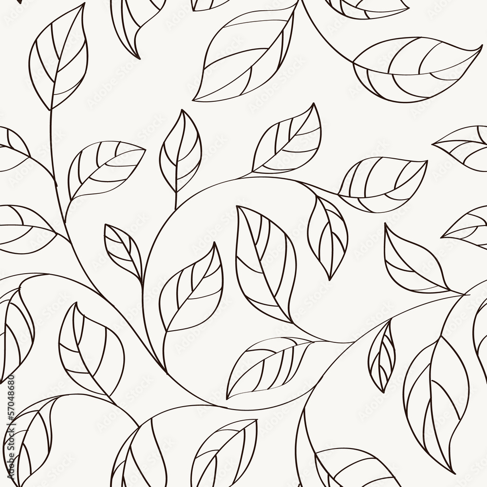 Seamless pattern with leaves. Hand drawn wallpaper. One line. Vector stock illustration