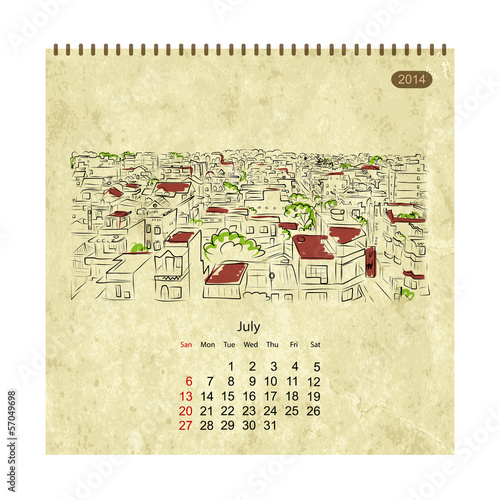 Calendar 2014, july. Streets of the city, sketch for your design