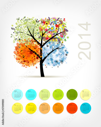 Calendar 2014 with four season tree for your design
