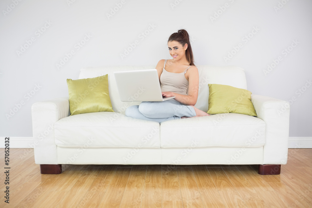 Pretty brunette woman using her laptop on a sofa Pretty brunette woman using her laptop on a sofa