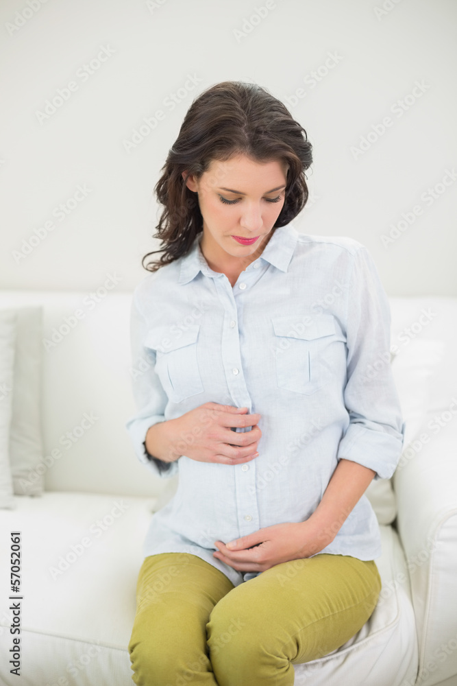 Thoughtful pregnant brown haired woman holding her belly Thoughtful pregnant brown haired woman holding her belly