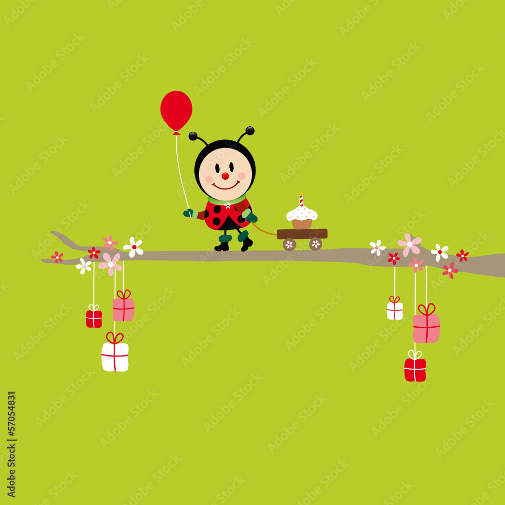 Naklejka premium Ladybug Balloon Pulling Handcart Cake Tree Green