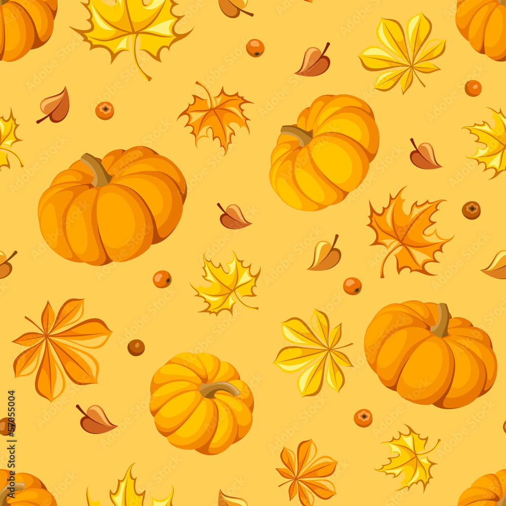 Seamless pattern with pumpkins and autumn leaves. Vector.