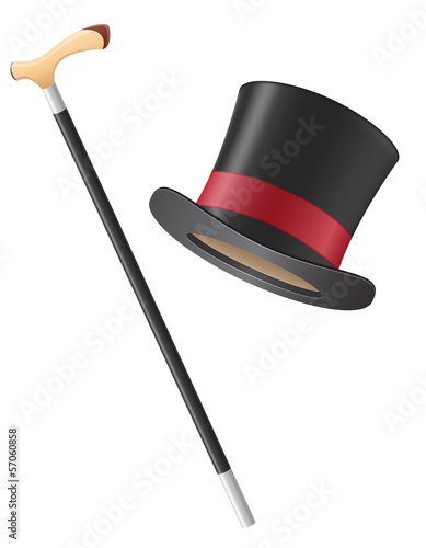 cylinder hat and walking stick vector illustration