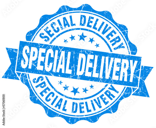 special delivery blue grunge dirty stamp on white