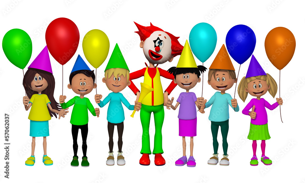 Fototapeta premium Group of 3d kids, celebrating party with Clown